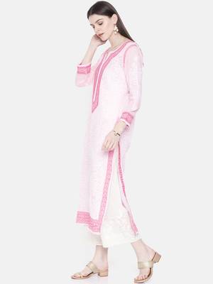 Ada Hand Embroidered Pink Cotton Lucknowi Chikankari Women Kurta - A267612 8