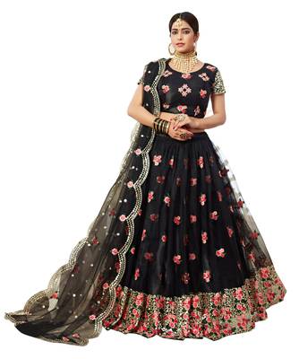 Black thread embroidered net Semi Stitched Bridal Lehenga 6