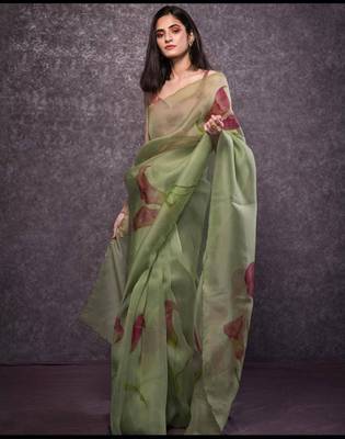 Light olive printed organza blend saree with blouse 1