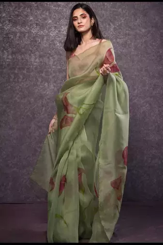 Light olive printed organza saree with blouse