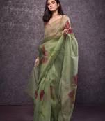 Light olive printed organza blend saree with blouse