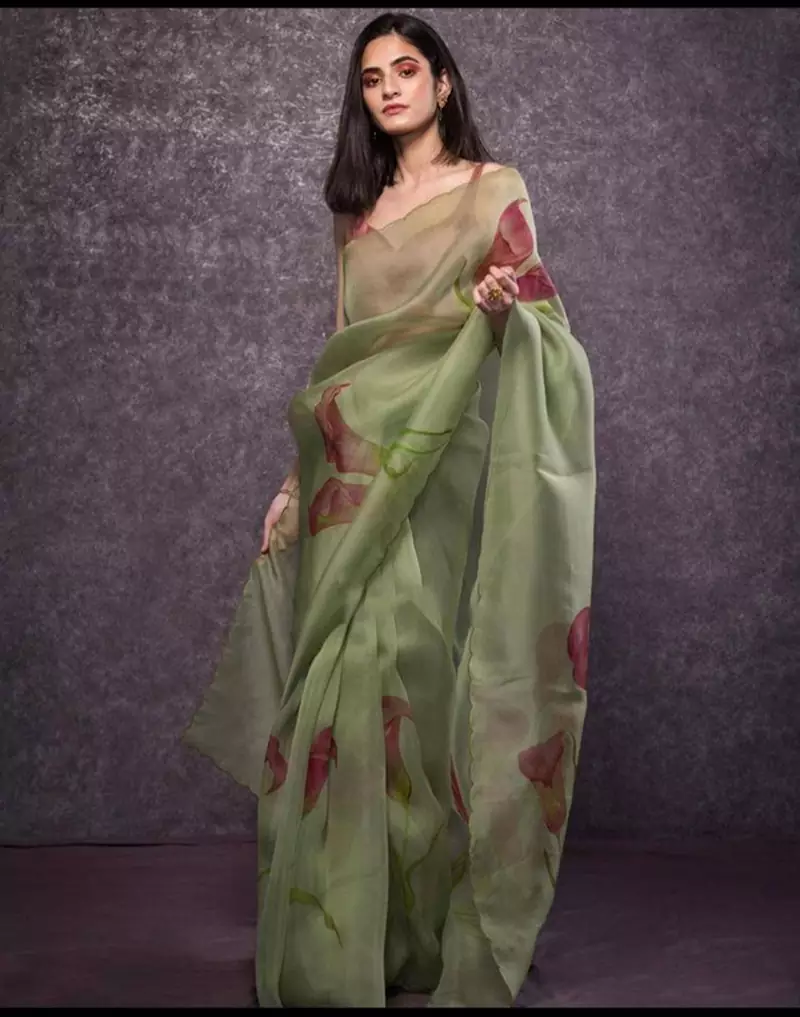 Light olive printed organza saree with blouse