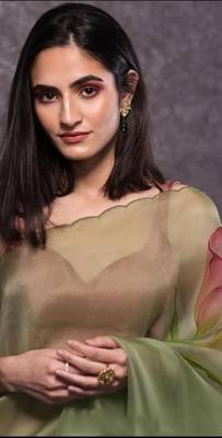 Light olive printed organza blend saree with blouse 2
