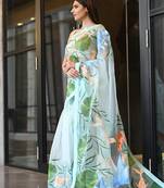 Sky blue printed organza saree with blouse