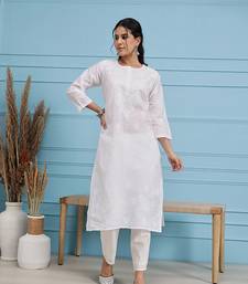 Hand Embroidered White Cotton Lucknow Chikankari Women Kurta