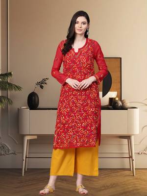 Hand Embroidered Red Faux Georgette Lucknow Chikankari Women Kurta With Slip 1