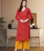 Hand Embroidered Red Faux Georgette Lucknow Chikankari Women Kurta With Slip