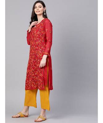Hand Embroidered Red Faux Georgette Lucknow Chikankari Women Kurta With Slip 2