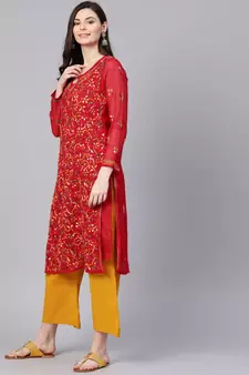Hand Embroidered Red Faux Georgette Lucknow Chikankari Women Kurta With Slip
