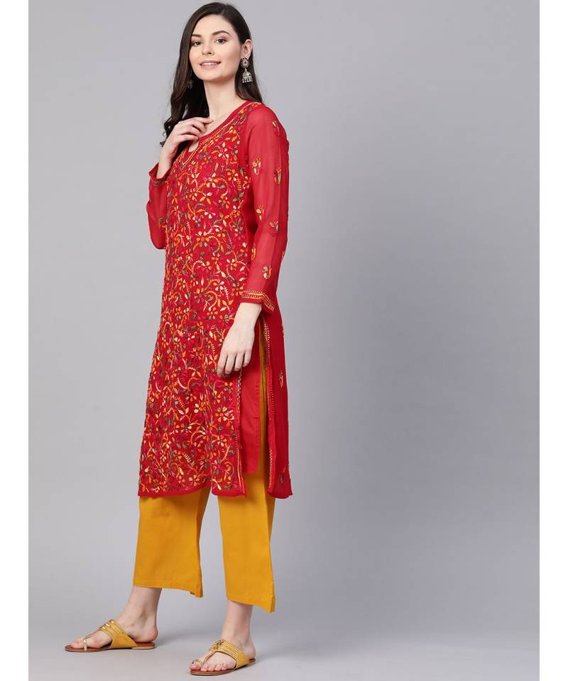 Hand Embroidered Red Faux Georgette Lucknow Chikankari Women Kurta With Slip