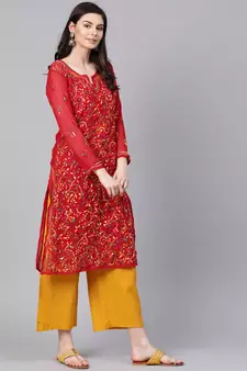 Hand Embroidered Red Faux Georgette Lucknow Chikankari Women Kurta With Slip
