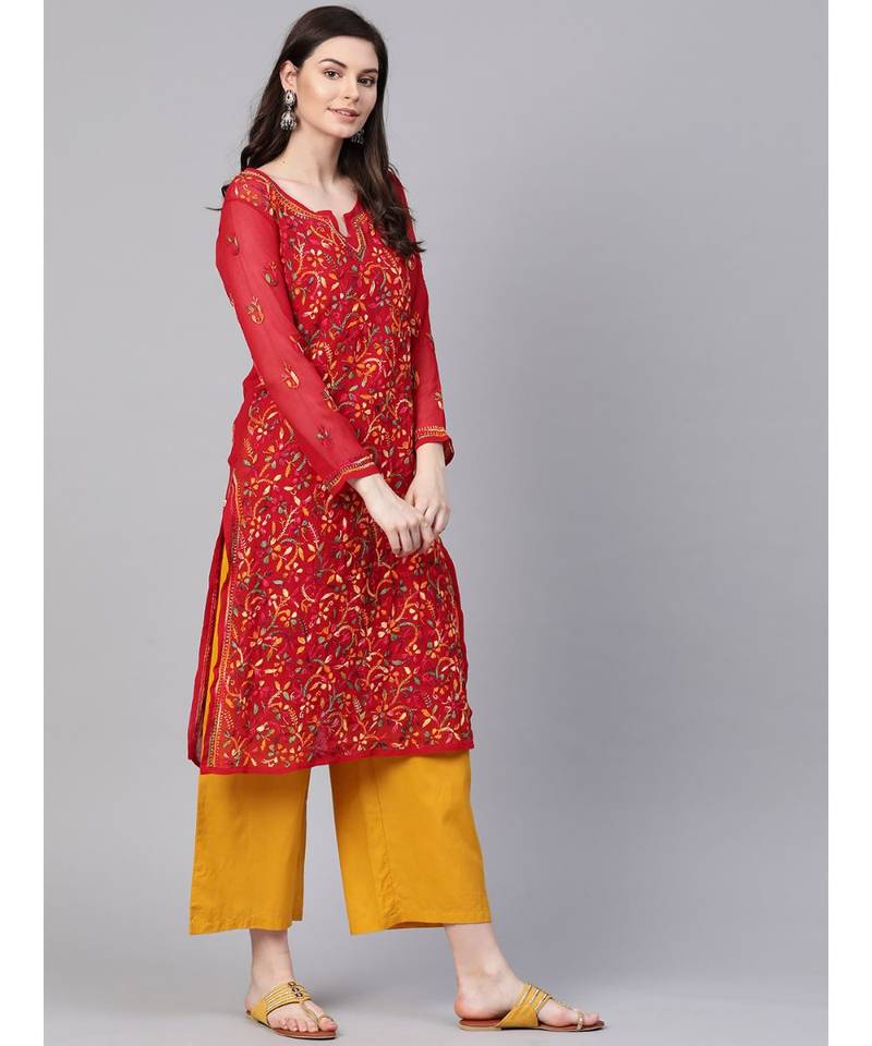 Hand Embroidered Red Faux Georgette Lucknow Chikankari Women Kurta With Slip