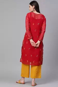 Hand Embroidered Red Faux Georgette Lucknow Chikankari Women Kurta With Slip