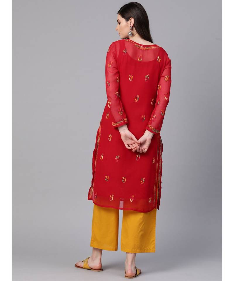 Hand Embroidered Red Faux Georgette Lucknow Chikankari Women Kurta With Slip
