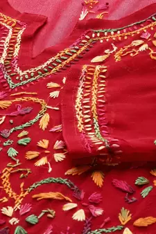Hand Embroidered Red Faux Georgette Lucknow Chikankari Women Kurta With Slip