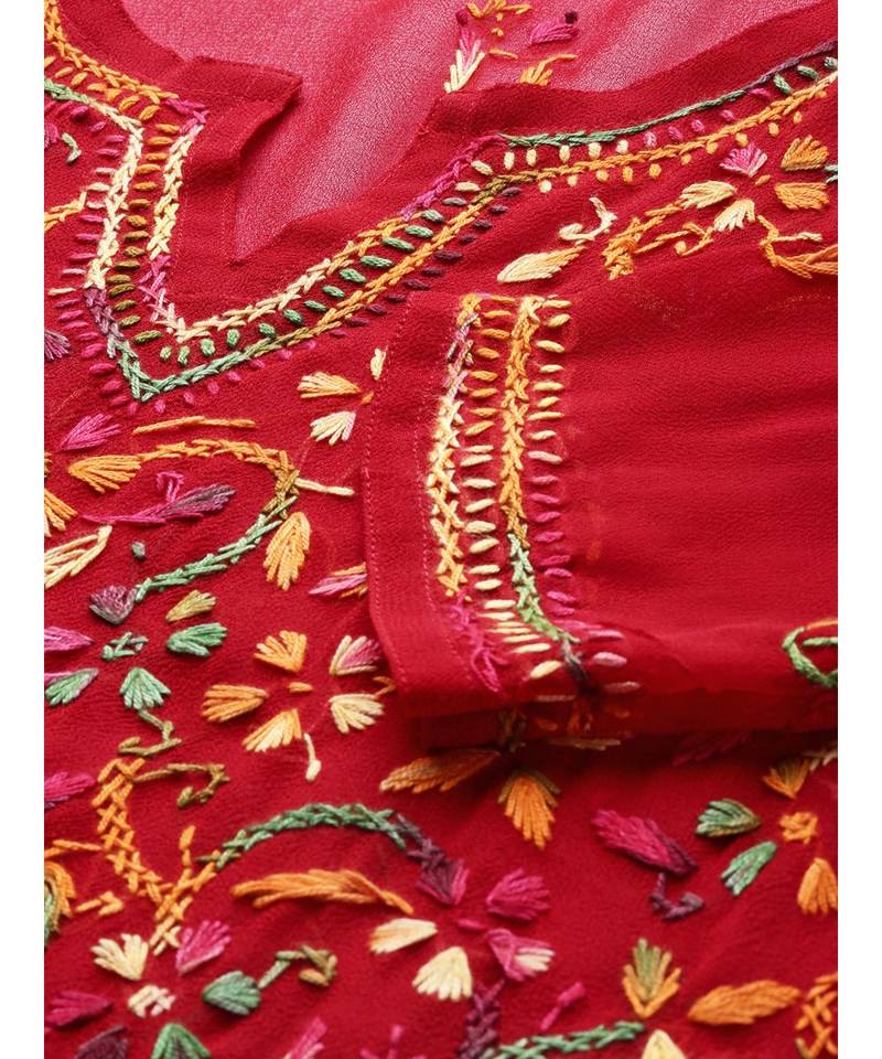 Hand Embroidered Red Faux Georgette Lucknow Chikankari Women Kurta With Slip
