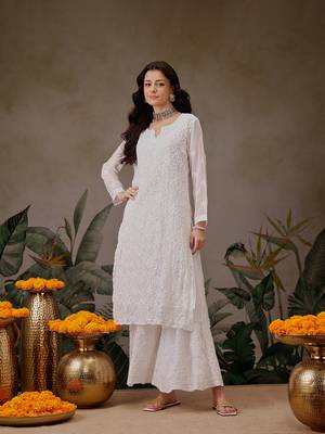 Hand Embroidered White Faux Georgette Lucknow Chikankari Kurta With Slip For Women 1