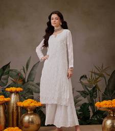 Hand Embroidered White Faux Georgette Lucknow Chikankari Kurta With Slip For Women