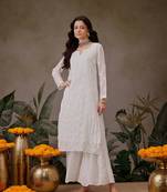Hand Embroidered White Faux Georgette Lucknow Chikankari Kurta With Slip For Women