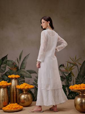 Hand Embroidered White Faux Georgette Lucknow Chikankari Kurta With Slip For Women 2