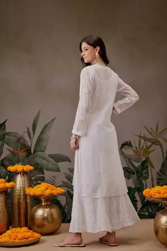 Hand Embroidered White Faux Georgette Lucknow Chikankari Kurta With Slip For Women