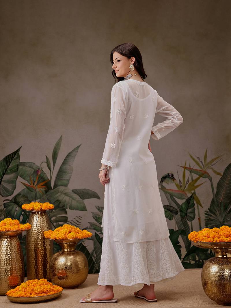 Hand Embroidered White Faux Georgette Lucknow Chikankari Kurta With Slip For Women