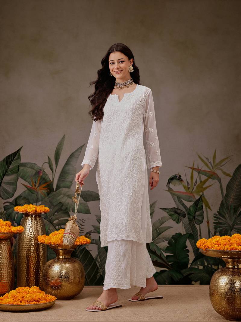 Hand Embroidered White Faux Georgette Lucknow Chikankari Kurta With Slip For Women