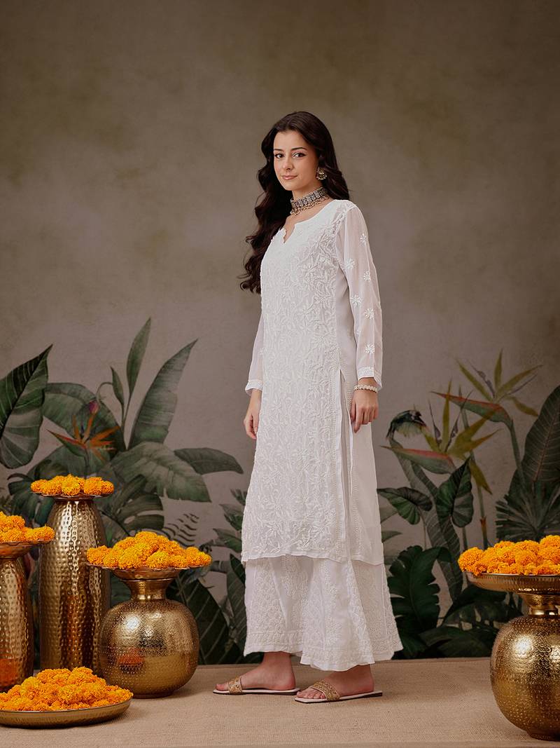 Hand Embroidered White Faux Georgette Lucknow Chikankari Kurta With Slip For Women