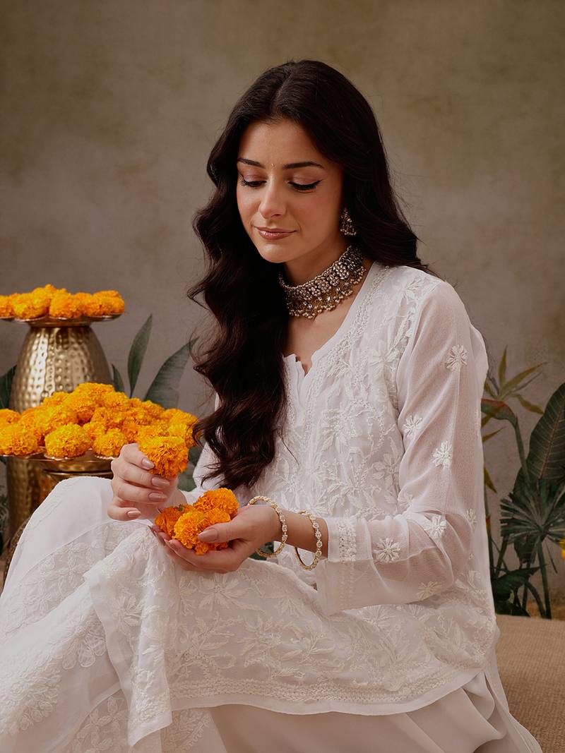 Hand Embroidered White Faux Georgette Lucknow Chikankari Kurta With Slip For Women