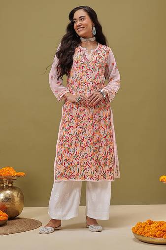 Hand Embroidered White Faux Georgette Lucknow Chikankari Women Kurta With Slip