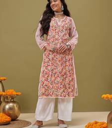 Hand Embroidered White Faux Georgette Lucknow Chikankari Women Kurta With Slip