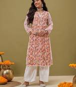 Hand Embroidered White Faux Georgette Lucknow Chikankari Women Kurta With Slip