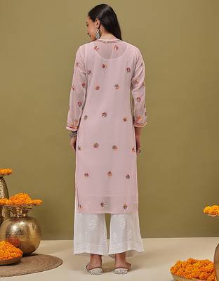 Hand Embroidered White Faux Georgette Lucknow Chikankari Women Kurta With Slip 2