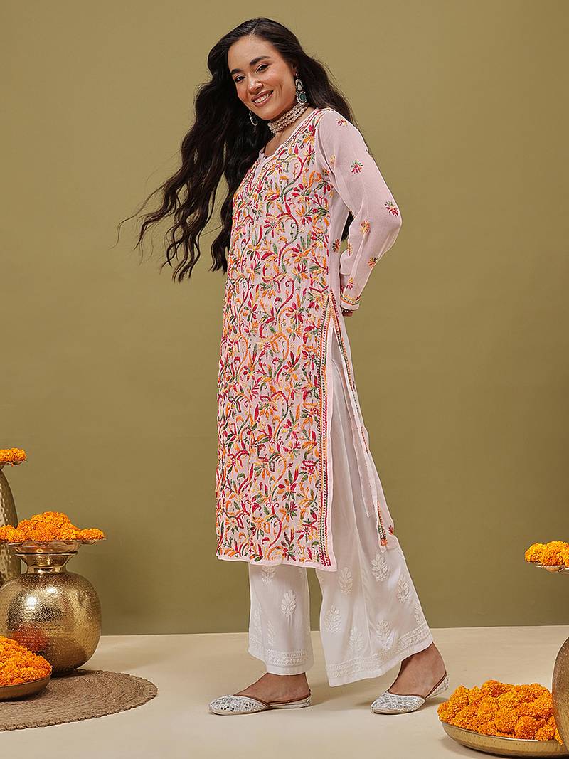 Hand Embroidered White Faux Georgette Lucknow Chikankari Women Kurta With Slip