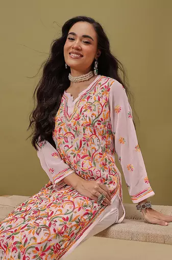Hand Embroidered White Faux Georgette Lucknow Chikankari Women Kurta With Slip