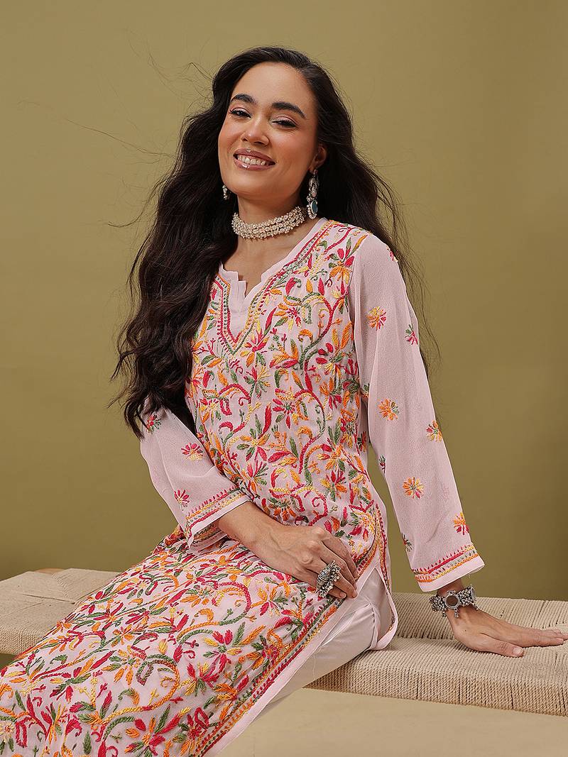 Hand Embroidered White Faux Georgette Lucknow Chikankari Women Kurta With Slip