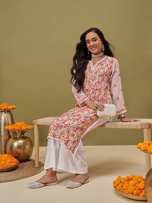 Hand Embroidered White Faux Georgette Lucknow Chikankari Women Kurta With Slip 5
