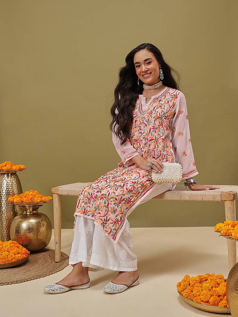 Hand Embroidered White Faux Georgette Lucknow Chikankari Women Kurta With Slip