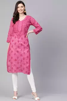 Ada Hand Embroidered Magenta Cotton Lucknow Chikankari Women Kurti - A100364