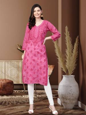 Ada Hand Embroidered Magenta Cotton Lucknow Chikankari Women Kurti - A100364 1