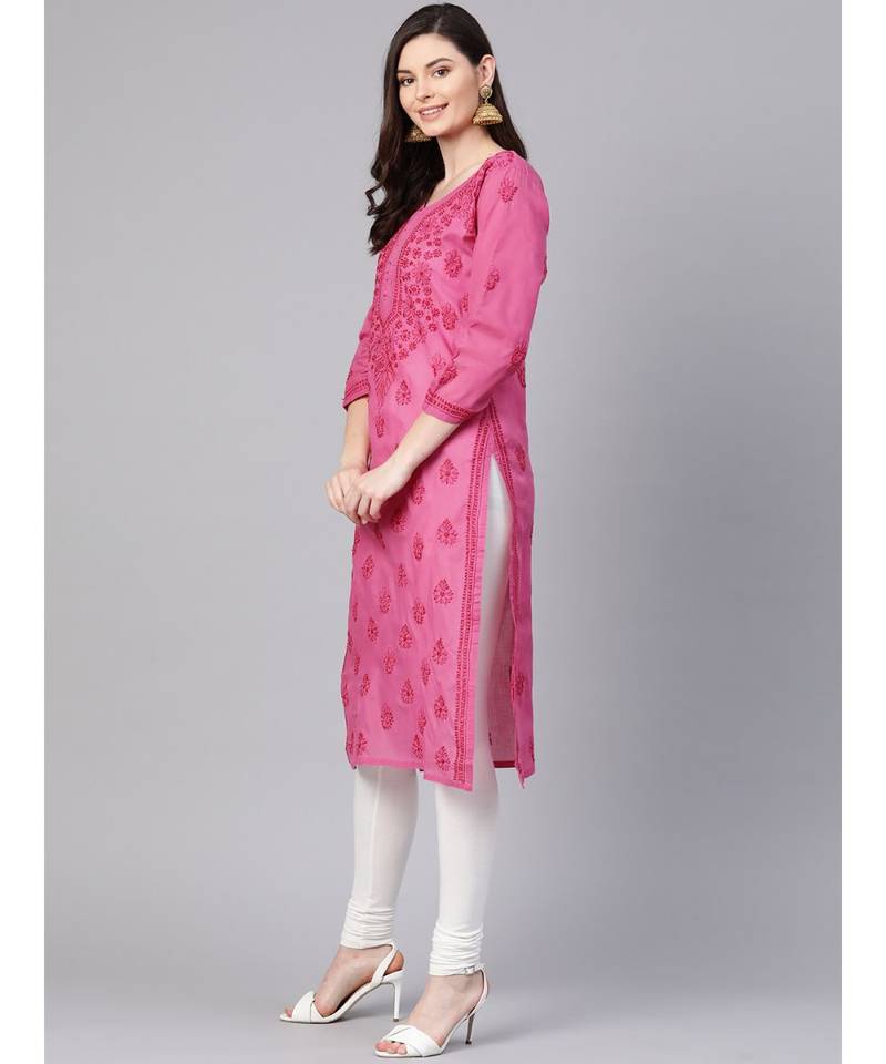 Ada Hand Embroidered Magenta Cotton Lucknow Chikankari Women Kurti - A100364