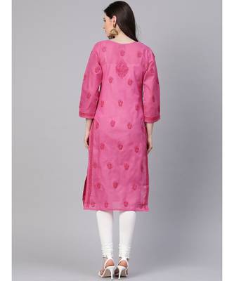 Ada Hand Embroidered Magenta Cotton Lucknow Chikankari Women Kurti - A100364 3