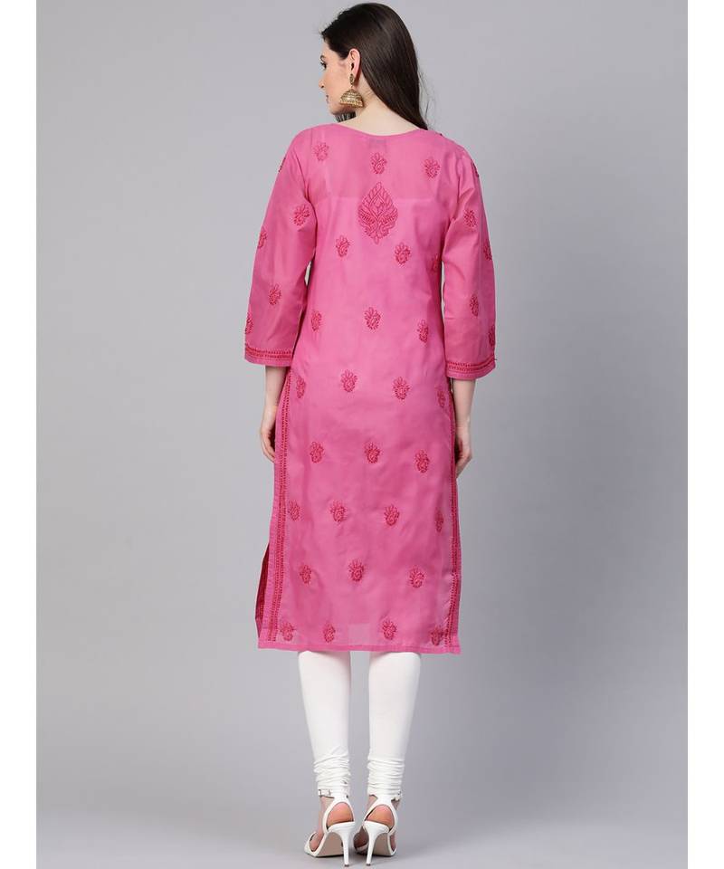 Ada Hand Embroidered Magenta Cotton Lucknow Chikankari Women Kurti - A100364