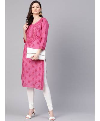 Ada Hand Embroidered Magenta Cotton Lucknow Chikankari Women Kurti - A100364 4