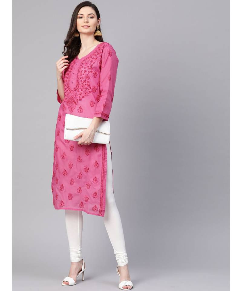 Ada Hand Embroidered Magenta Cotton Lucknow Chikankari Women Kurti - A100364