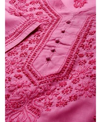 Ada Hand Embroidered Magenta Cotton Lucknow Chikankari Women Kurti - A100364 5