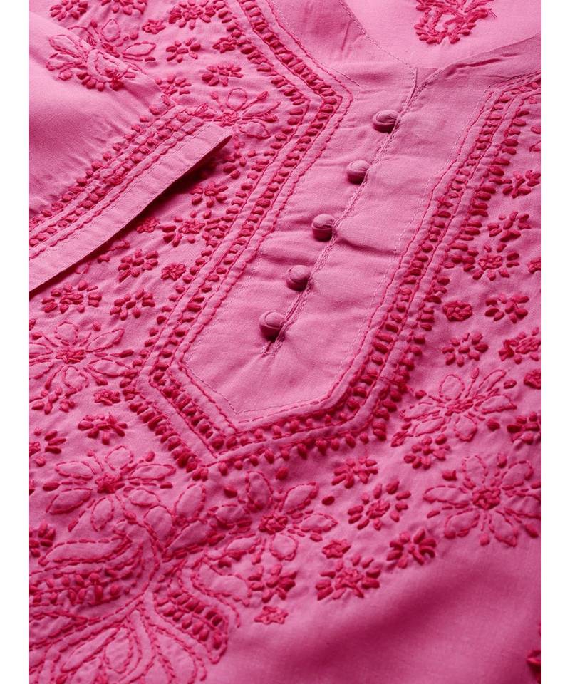 Ada Hand Embroidered Magenta Cotton Lucknow Chikankari Women Kurti - A100364