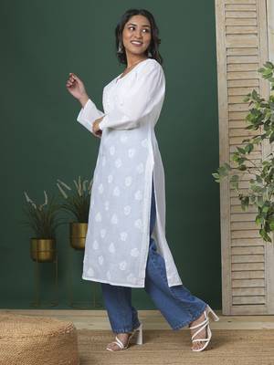 Hand Embroidered White Cotton Lucknow Chikankari Women Kurta 5