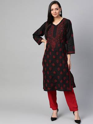 Hand Embroidered Black & Red Cotton Lucknow Chikankari Women Kurta 1