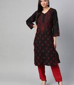 Hand Embroidered Black & Red Cotton Lucknow Chikankari Women Kurta